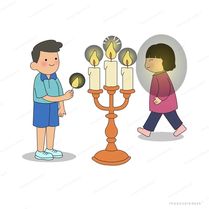 Boy holding a glowing orb beside a lit candelabra as a girl walks past a mirror
