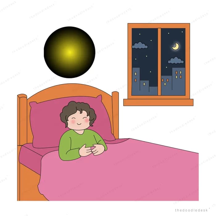 Girl lying awake in a pink bed at night with a dark orb above and a moonlit window