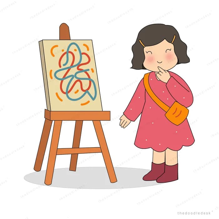 Woman studying a canvas of coloured scribbles on a wooden easel