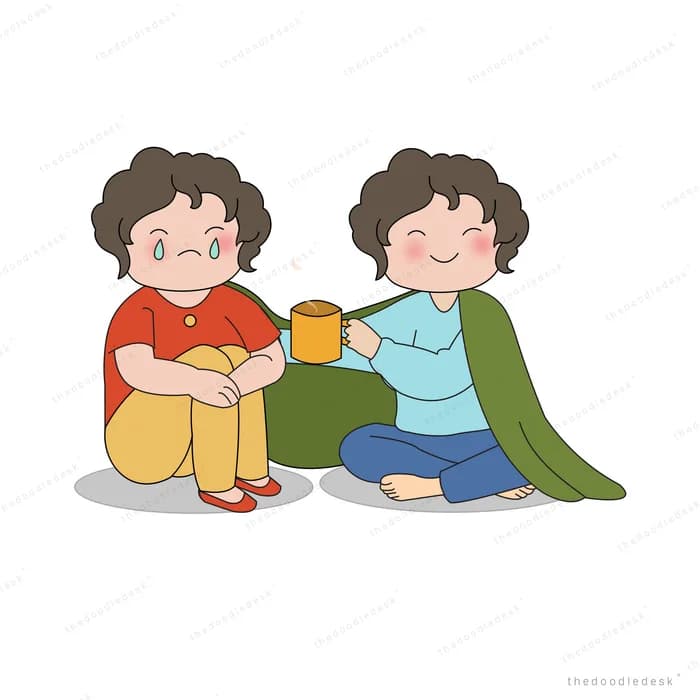 Girl offering a mug and a blanket to a crying friend sitting beside her