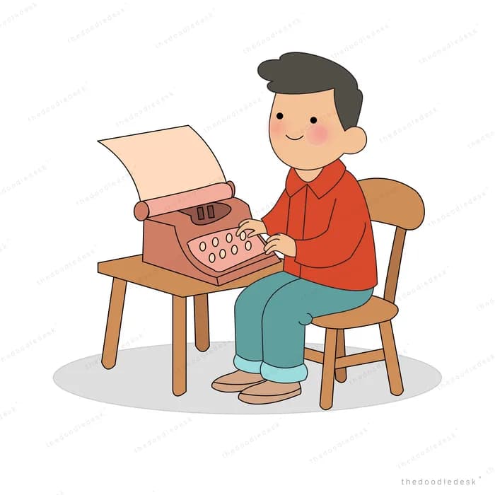 Man sitting on a wooden chair typing on a typewriter at a table