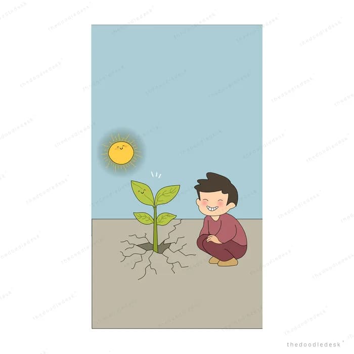 Boy crouching beside a sprouting seedling under a glowing orb sun