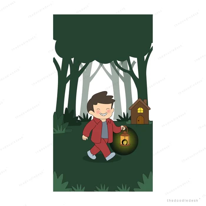 Boy carrying a lantern through a dark forest past a tiny door in a tree
