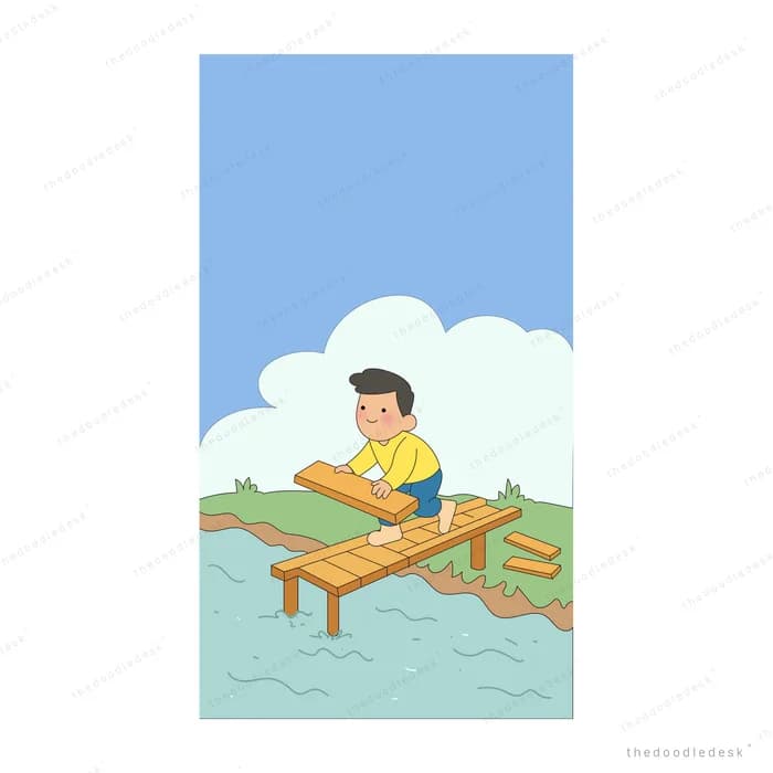 Boy building a wooden pier out over the water