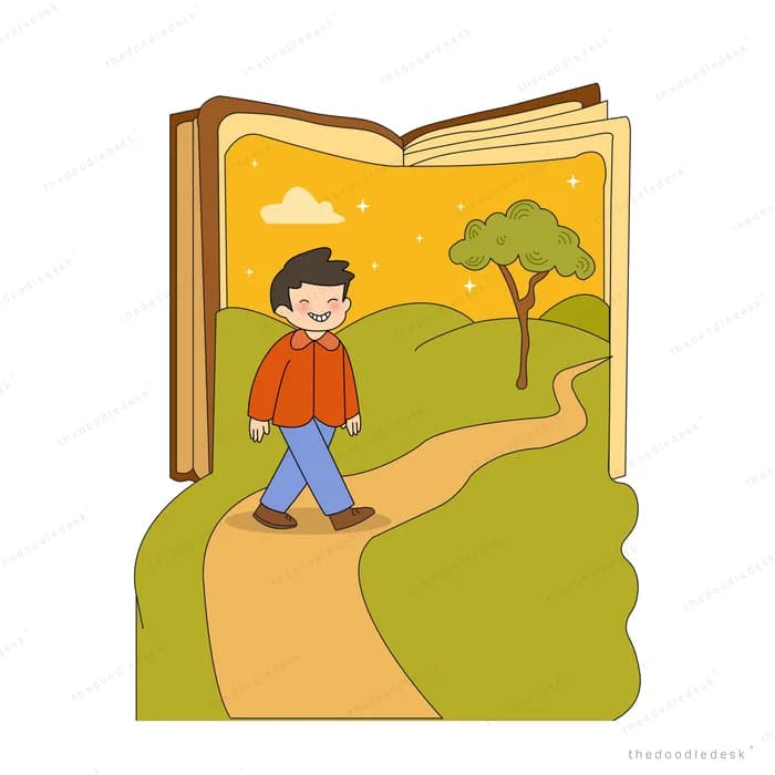 Boy walking a winding path that runs out of a giant open book