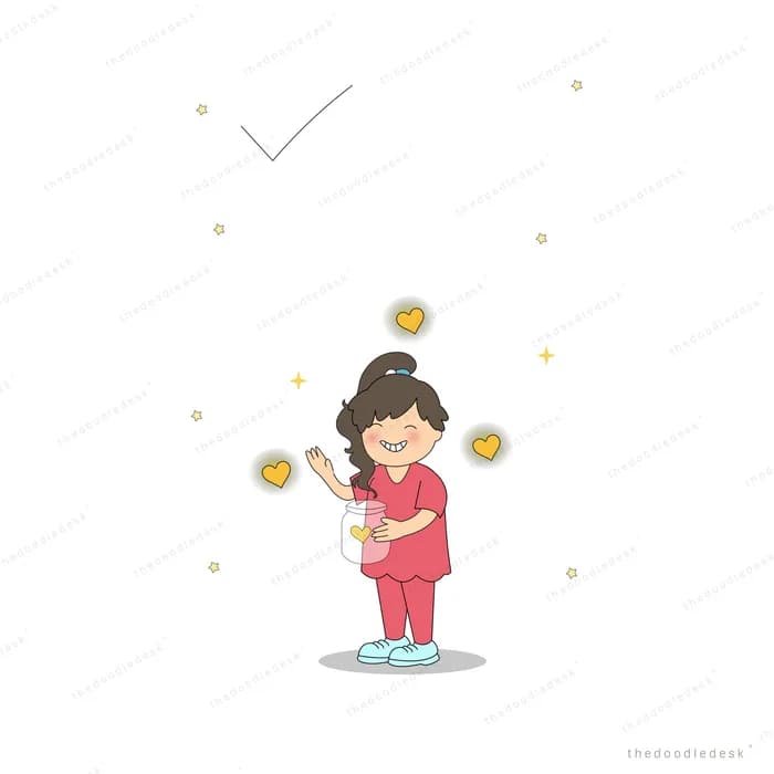 Girl in pink standing among floating glowing orbs with a tick mark above