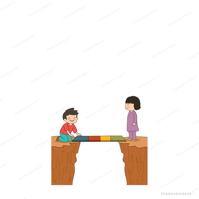 Boy and girl laying coloured blocks to bridge the gap between two tables