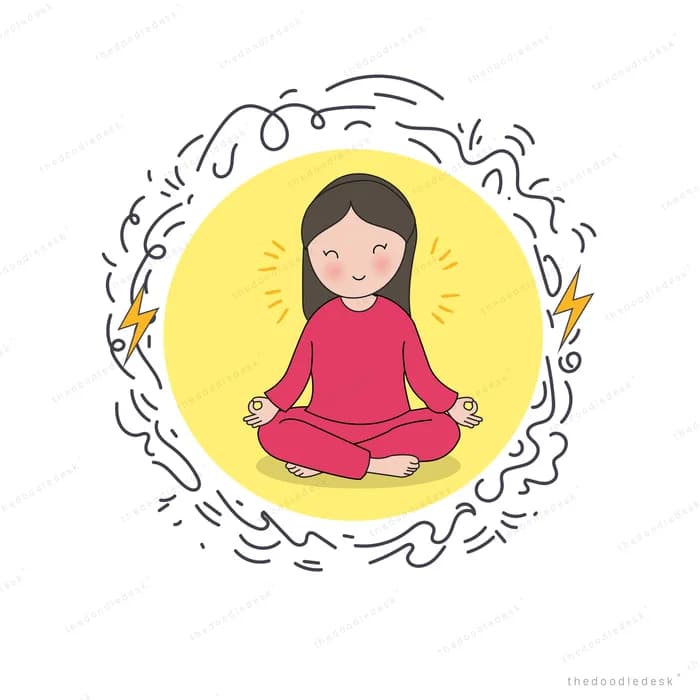 Woman meditating inside a calm yellow circle surrounded by tangled scribbles