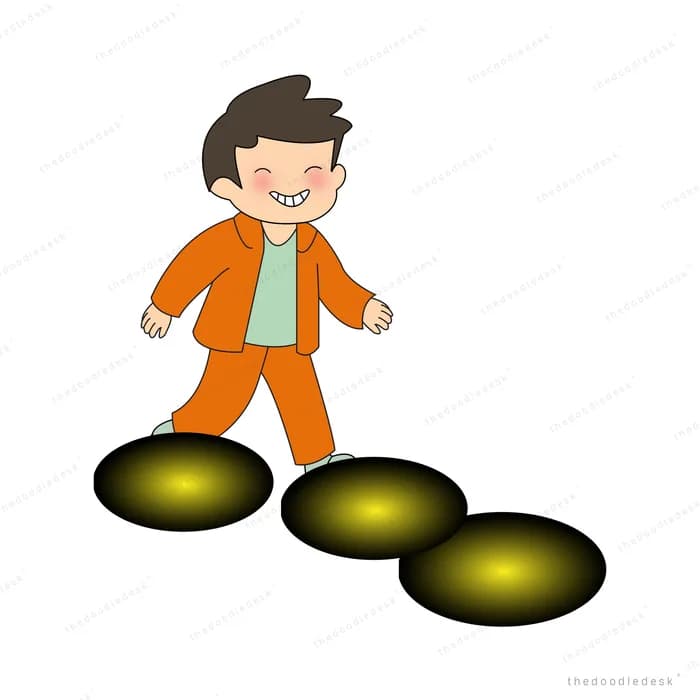 Boy stepping carefully across floating dark stepping stones