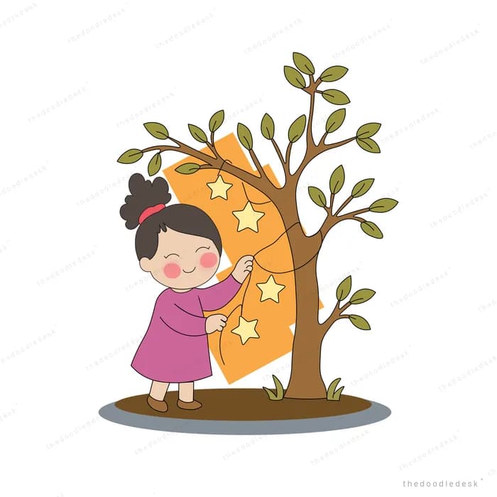 Girl hanging golden stars on the branches of a small tree