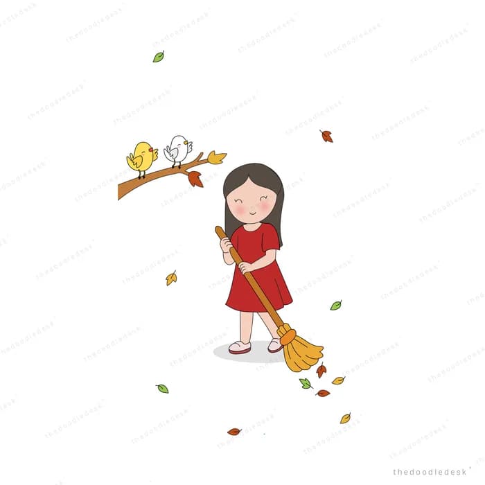 Girl sweeping fallen leaves with a broom while birds sit on a branch above