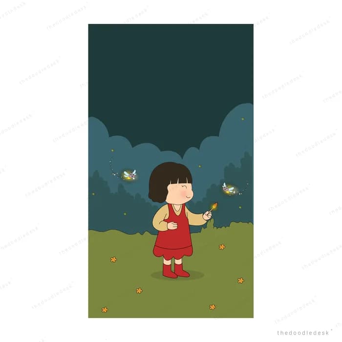 Girl in red catching glowing fireflies in a dark field at dusk