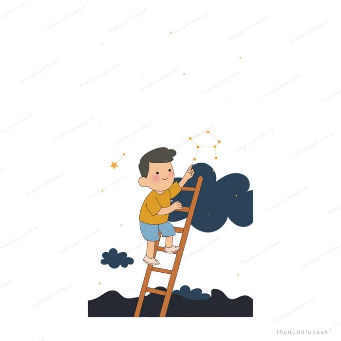 Boy on a wooden ladder reaching into a dark cloud to gather stars