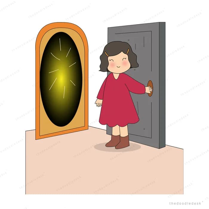 Girl opening a grey door beside a glowing golden mirror portal