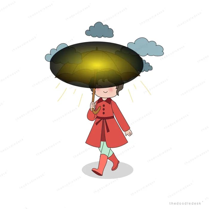 Girl in a red coat holding a large dark glowing umbrella under rain clouds
