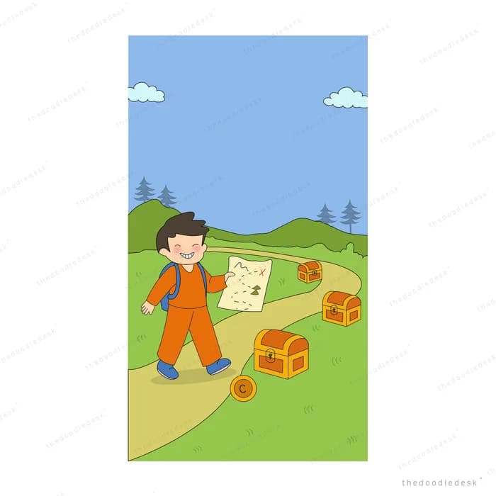Boy holding a treasure map beside an open treasure chest on a green hill