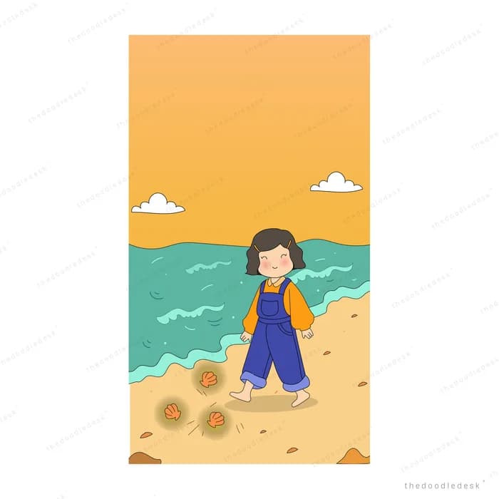 Girl standing on a beach at sunset beside dark orbs half-buried in the sand