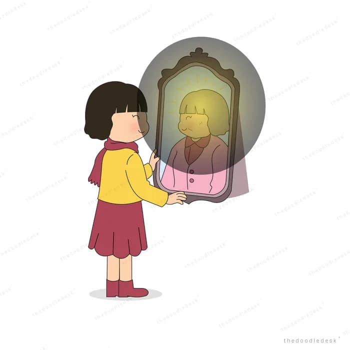 Girl holding an ornate mirror that shows a glowing older woman as her reflection