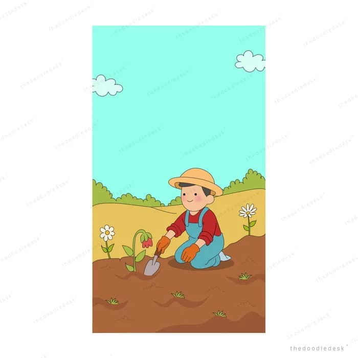 Boy in a straw hat kneeling to plant seedlings in brown soil with a shovel