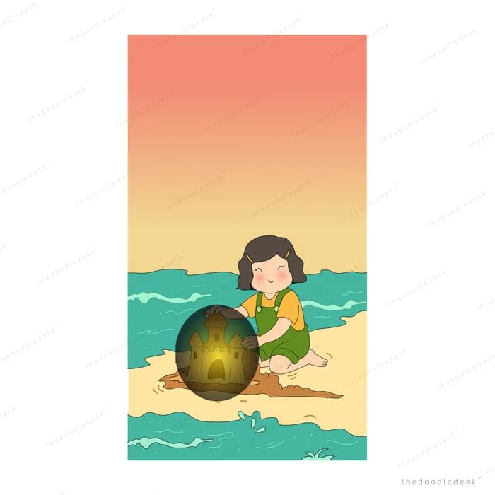 Girl sitting on a beach beside a large dark glowing orb at sunset