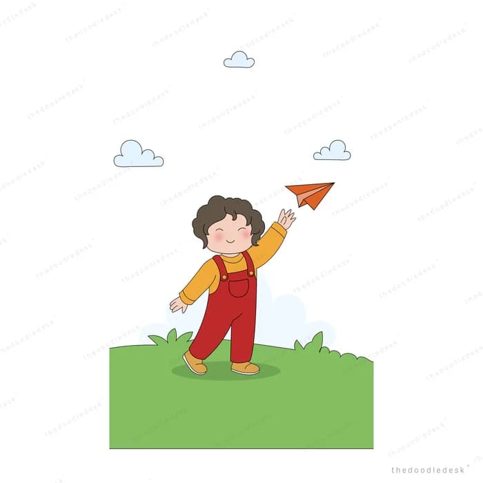 Boy throwing a paper plane from a green field under small clouds
