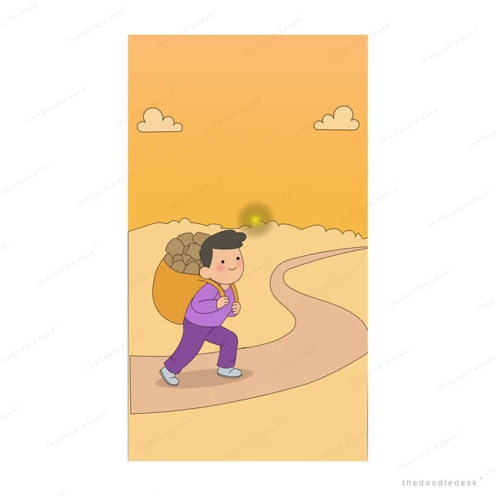 Girl carrying a heavy sack up a winding path with a glowing orb beside her