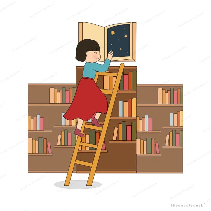 Girl on a wooden ladder pulling a starry book from a tall bookshelf
