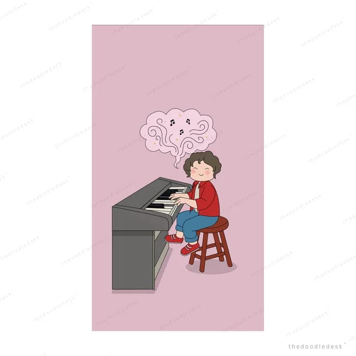 Girl playing a grand piano with a pink cloud of hearts rising above