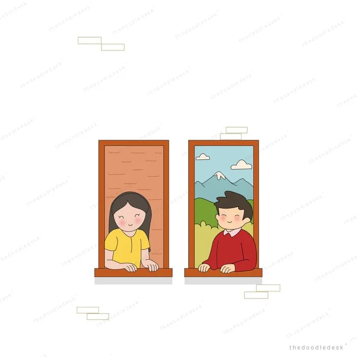 Two children leaning out of neighbouring windows waving to each other