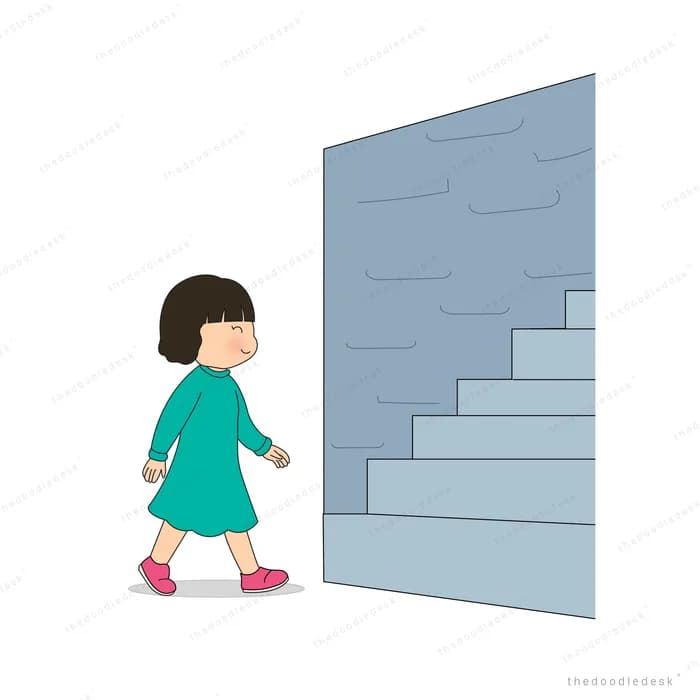Girl walking toward a flight of stone steps set into a wall