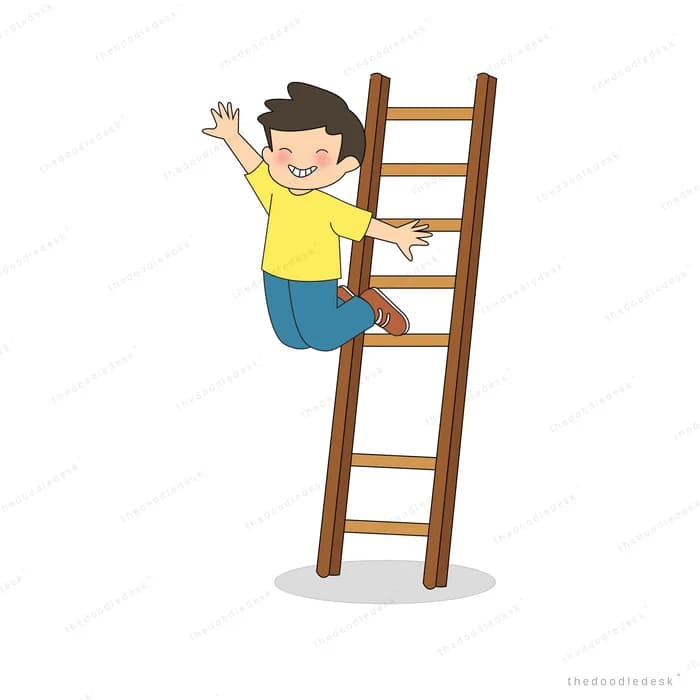 Boy waving while climbing a tall wooden ladder