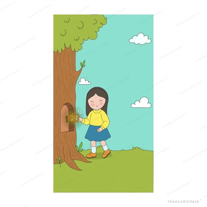 Girl carrying a large dark glowing orb beside a tree trunk