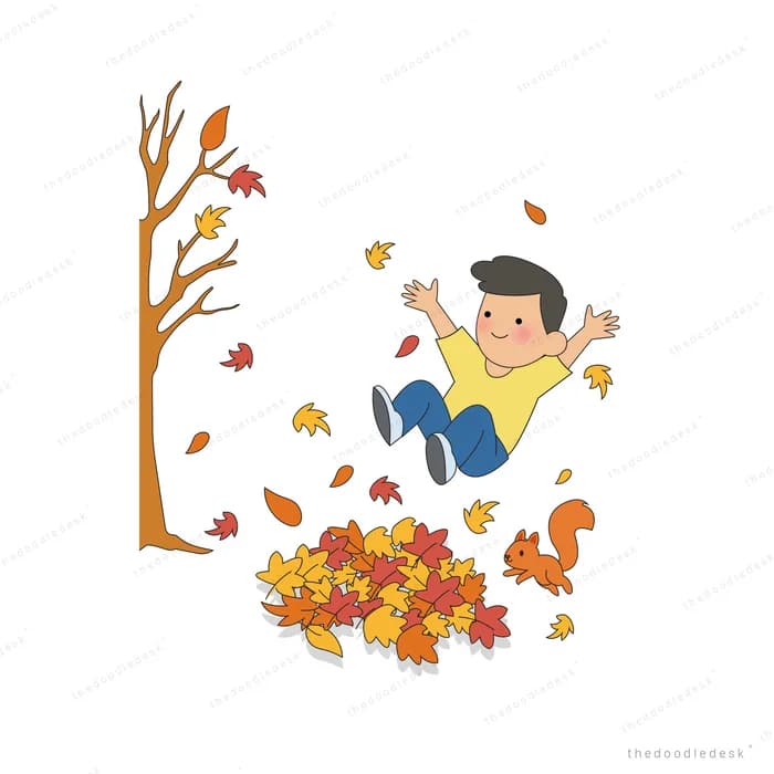 Boy leaping into a pile of autumn leaves beside a bare tree with a squirrel
