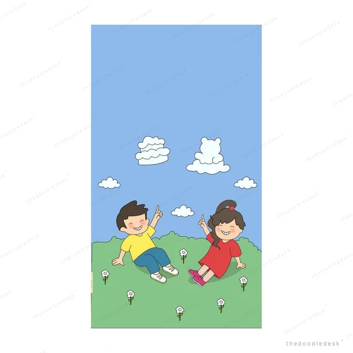 Boy and girl sitting on a green field watching cat-shaped clouds