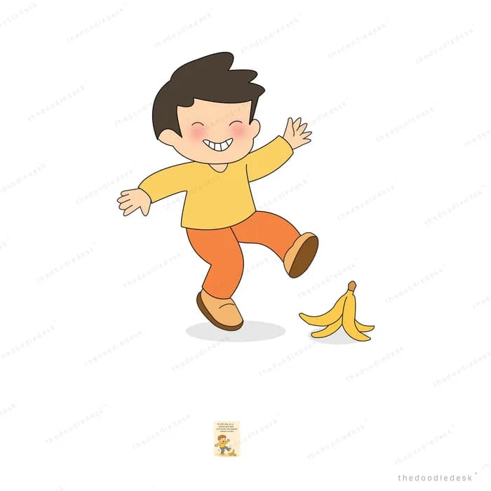 Boy slipping backwards on a banana peel