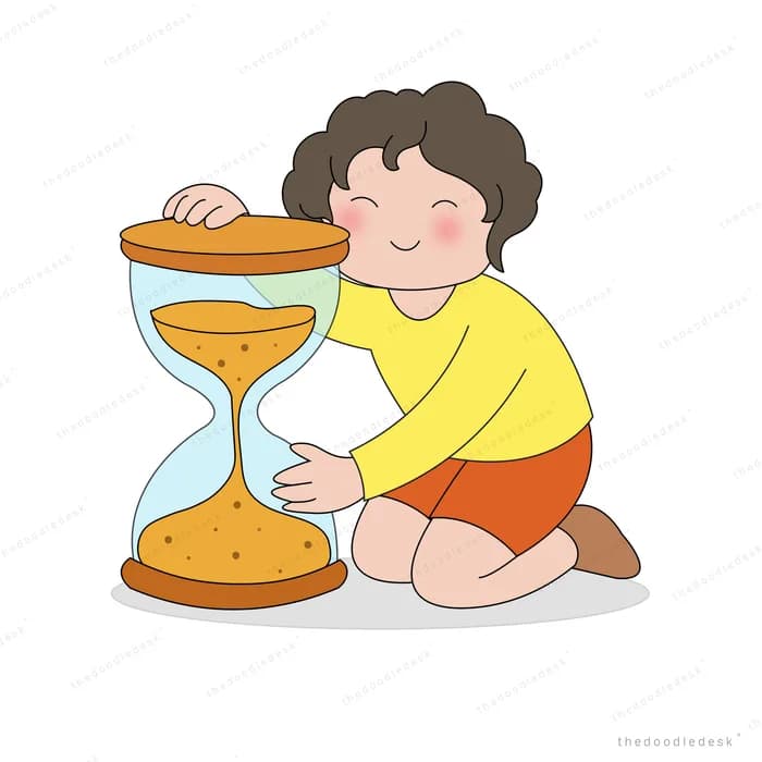 Woman kneeling and hugging a large hourglass