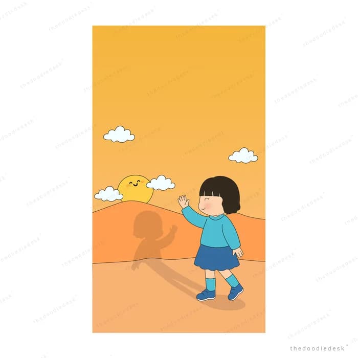 Girl walking across orange sand casting a long shadow with a small bird ahead