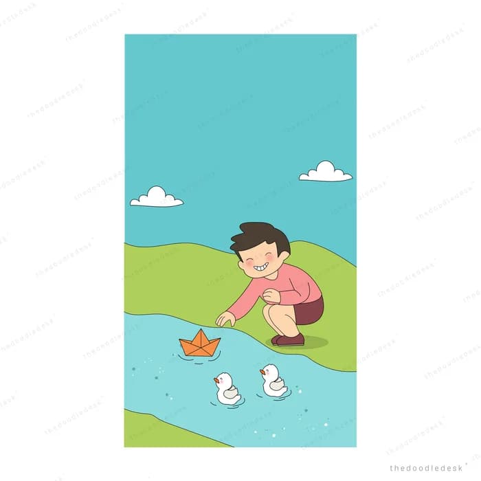 Girl kneeling at a stream floating a paper boat beside ducklings