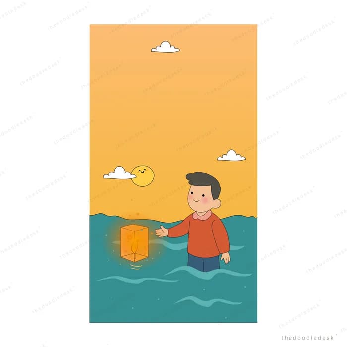 Boy standing waist-deep in water hauling a bucket at sunset