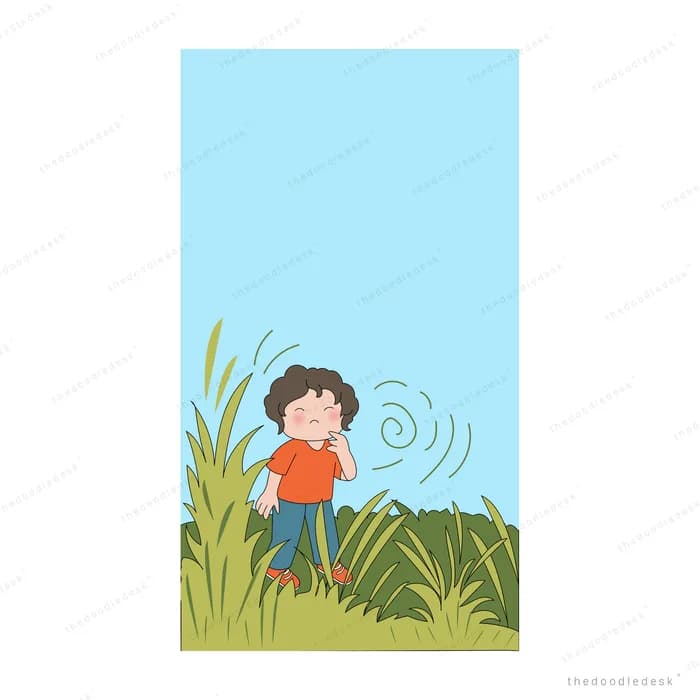 Boy standing in tall grass swatting at buzzing insects