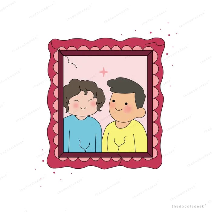 Framed photograph of two smiling friends side by side