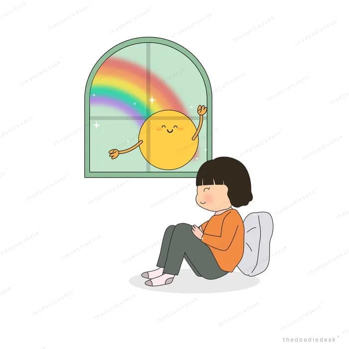 Girl hugging her knees below a window where a smiling sun and rainbow appear