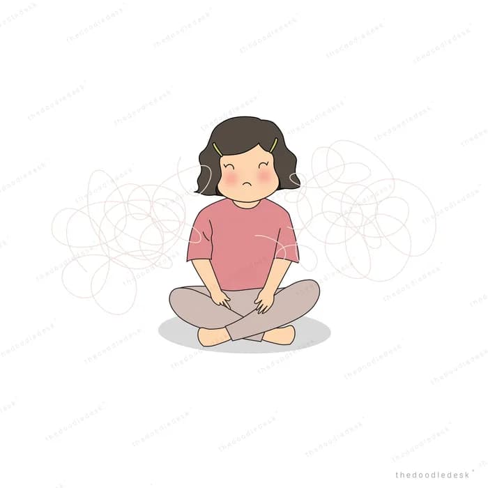 Girl sitting cross-legged with faint white swirls drifting around her