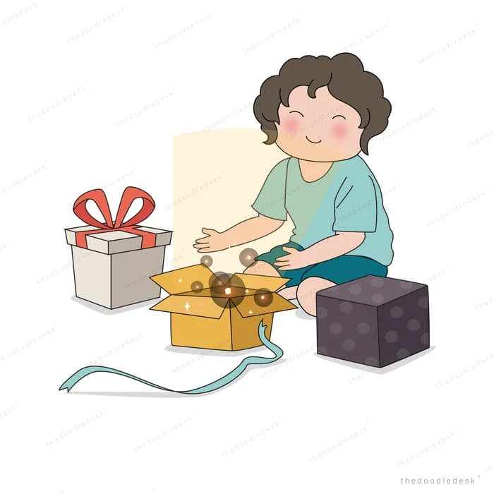 Curly haired boy unpacking fairy lights from a gift box beside wrapped presents