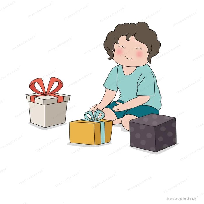Curly haired boy wrapping a yellow gift box with blue paper and ribbon
