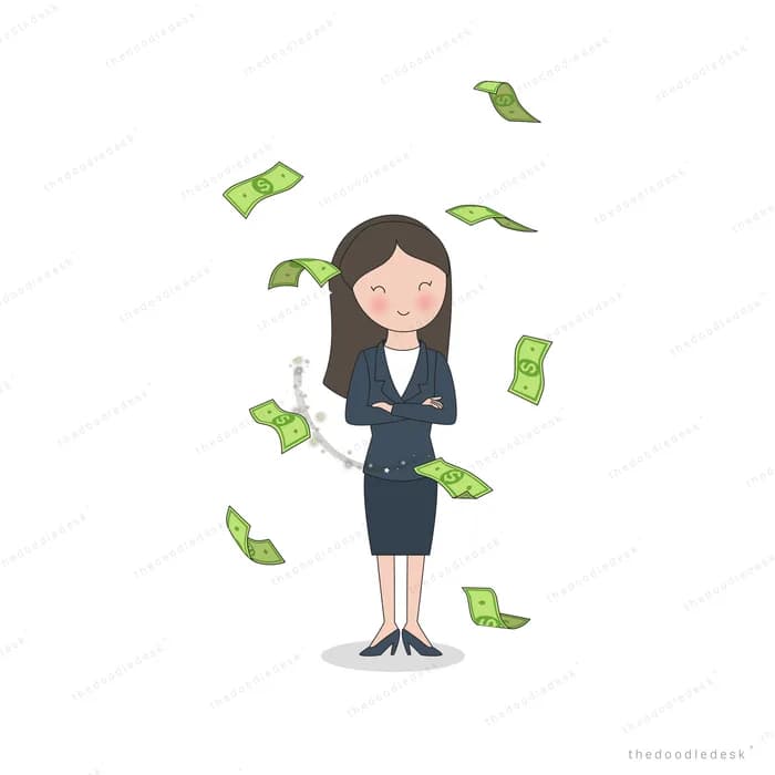 Businesswoman in a suit standing as banknotes fall around her