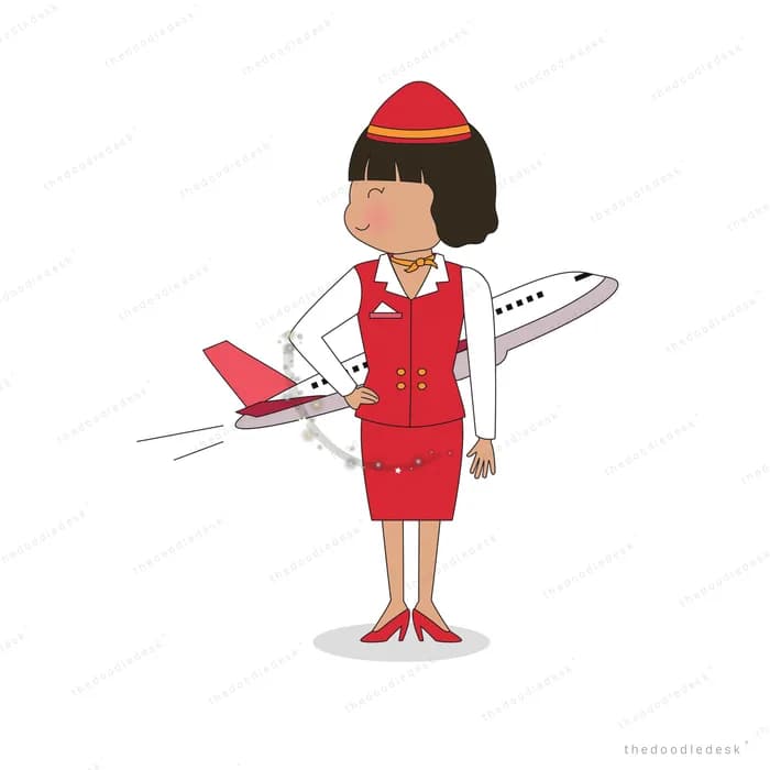 Flight attendant in a red uniform standing beside an aeroplane