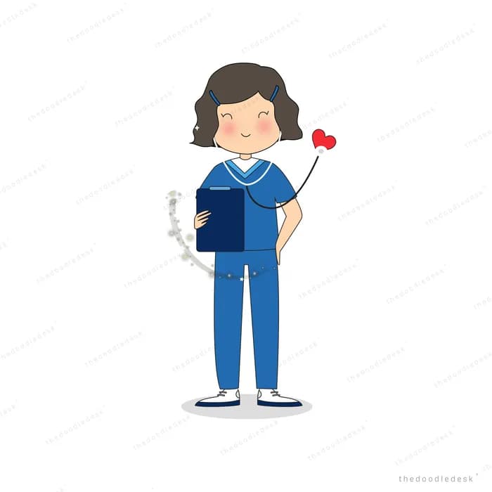 Nurse in blue scrubs holding a clipboard and a heart tipped stethoscope