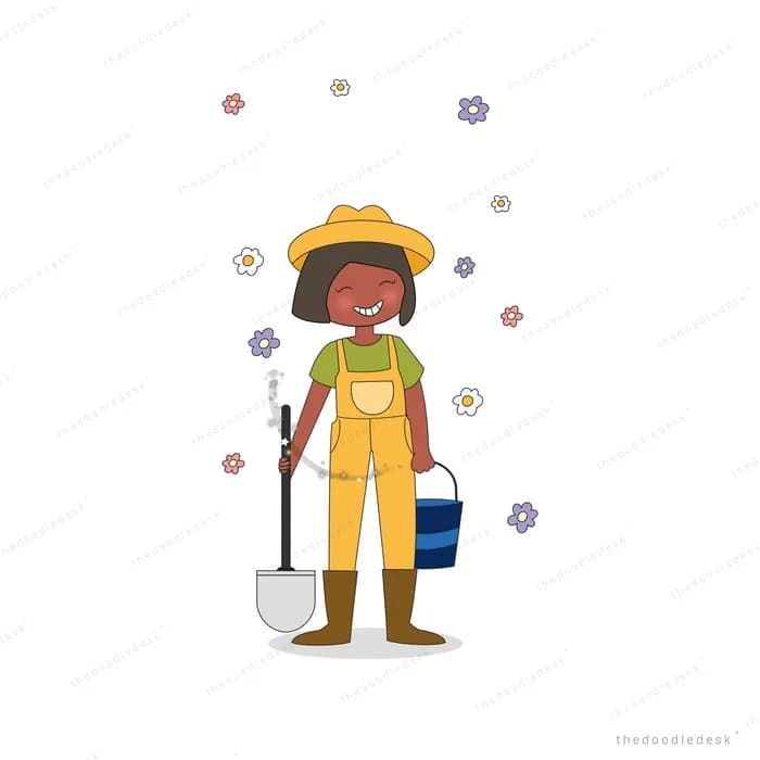 Woman farmer in a straw hat and dungarees carrying a bucket among flowers