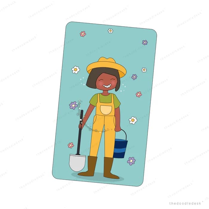 Woman farmer in a straw hat with a bucket on a teal card panel